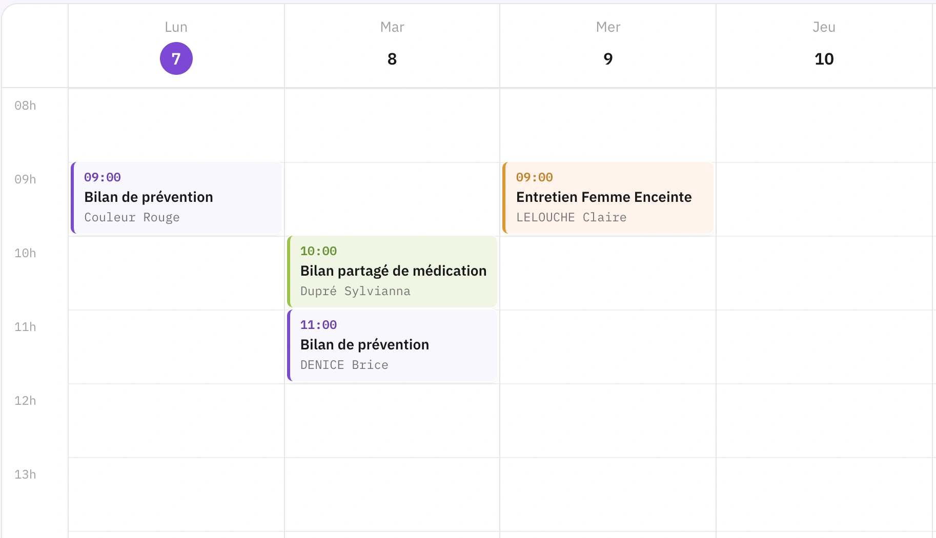 Agenda de la semaine avec des bilans de prévention et une vaccination